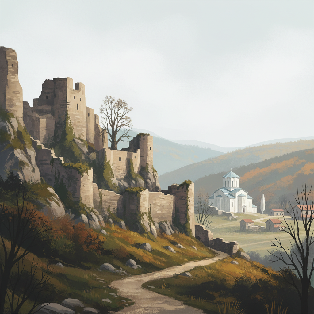 Stari Ras and Sopoćani — illustrated travel poster