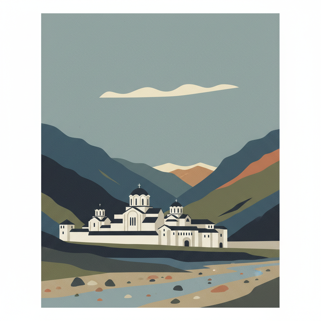Studenica Monastery — illustrated travel poster