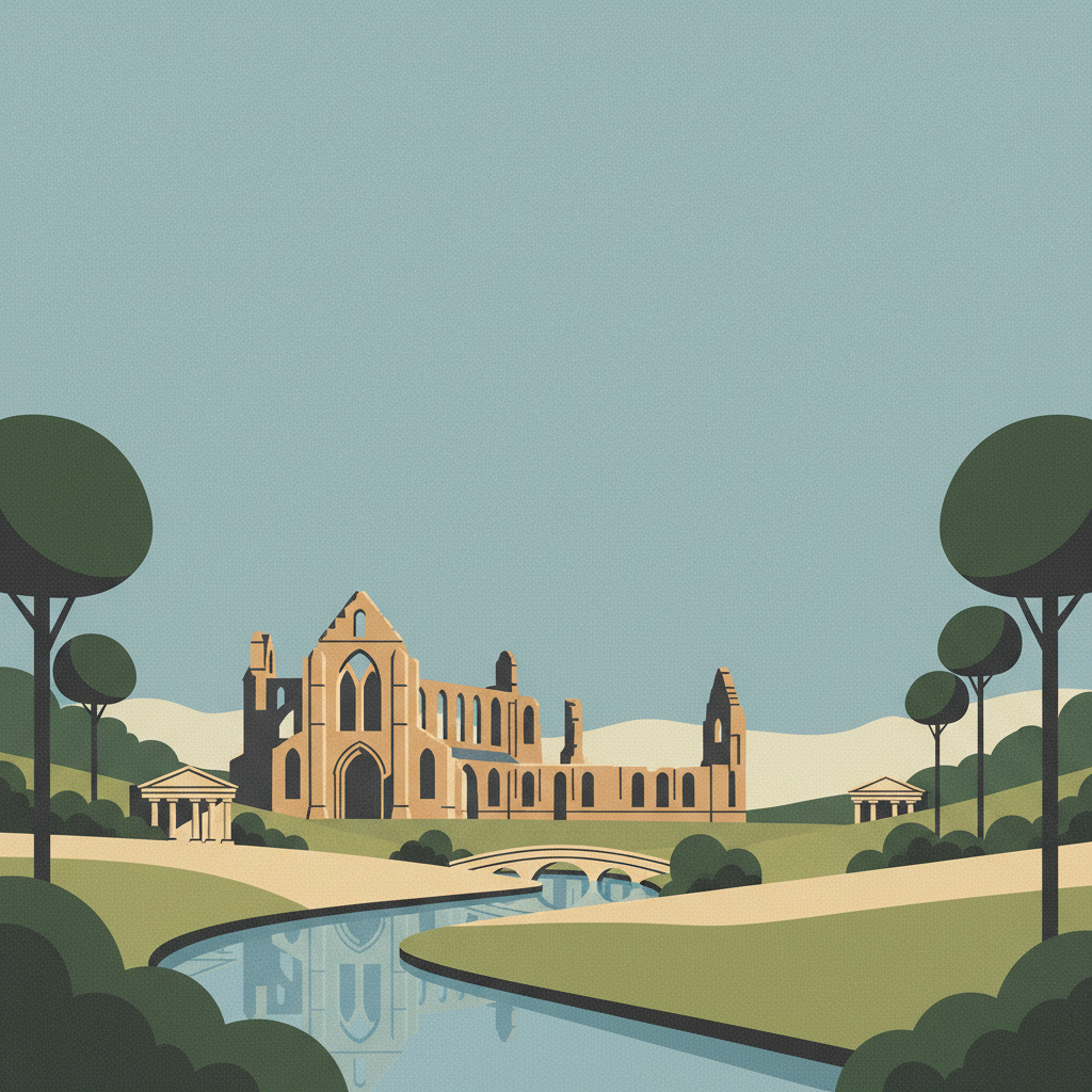 Studley Royal Park including the Ruins of Fountains Abbey — illustrated travel poster