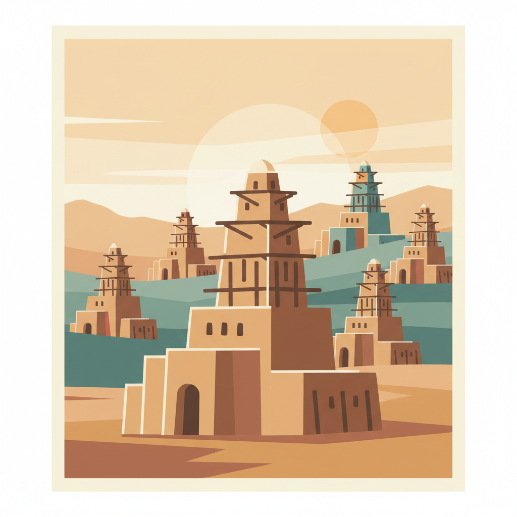 Sudanese style mosques in northern Côte d’Ivoire — illustrated travel poster