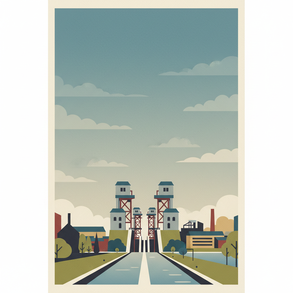 The Four Lifts on the Canal du Centre and their Environs, La Louvière and Le Roeulx (Hainaut) — illustrated travel poster