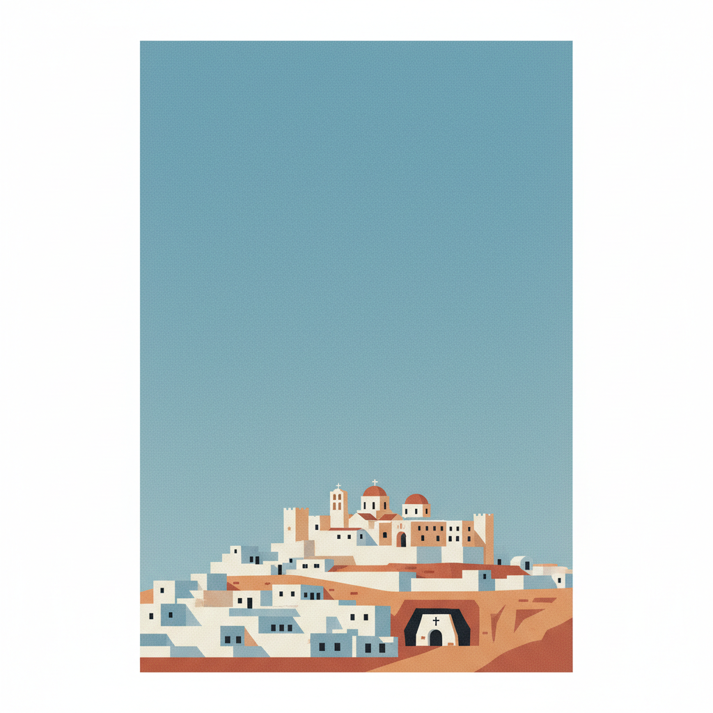 The Historic Centre (Chorá) with the Monastery of Saint-John the Theologian and the Cave of the Apocalypse on the Island of Pátmos — illustrated travel poster