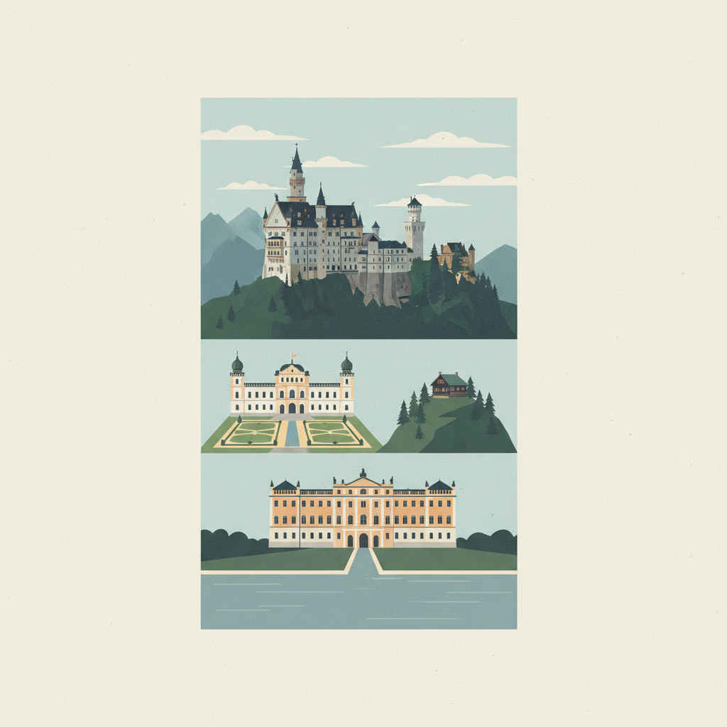 The Palaces of King Ludwig II of Bavaria: Neuschwanstein, Linderhof, Schachen and Herrenchiemsee — illustrated travel poster