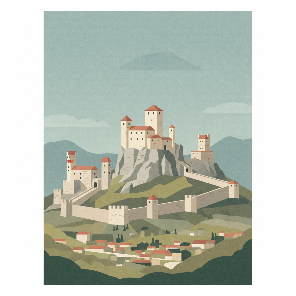 Three Castles, Defensive Wall and Ramparts of the Market-Town of Bellinzona — illustrated travel poster