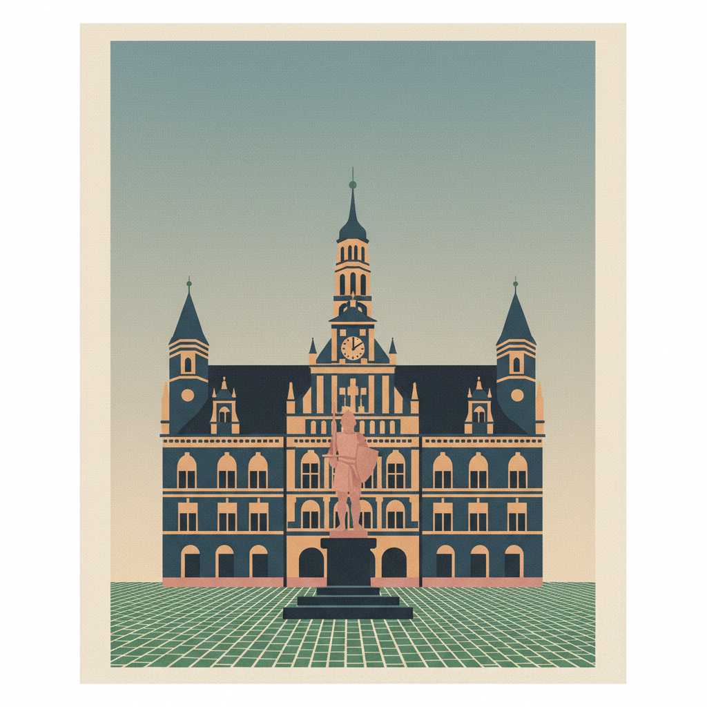 Town Hall and Roland on the Marketplace of Bremen — illustrated travel poster