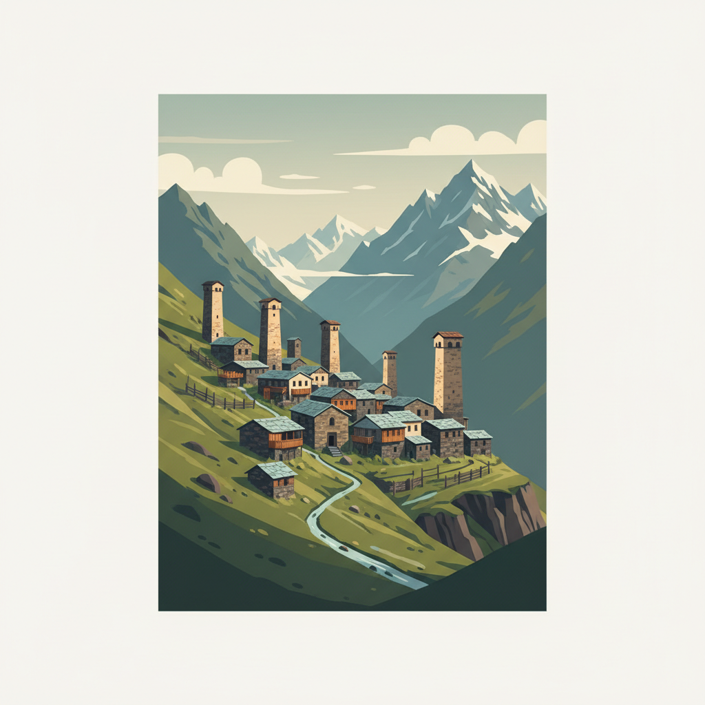 Upper Svaneti — illustrated travel poster