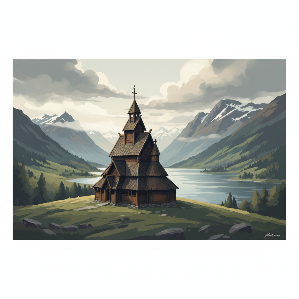 Urnes Stave Church — illustrated travel poster