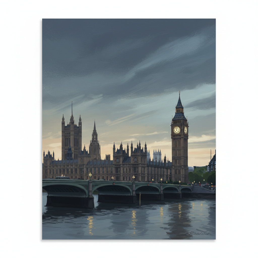 Palace of Westminster and Westminster Abbey including Saint Margaret’s Church — illustrated travel poster