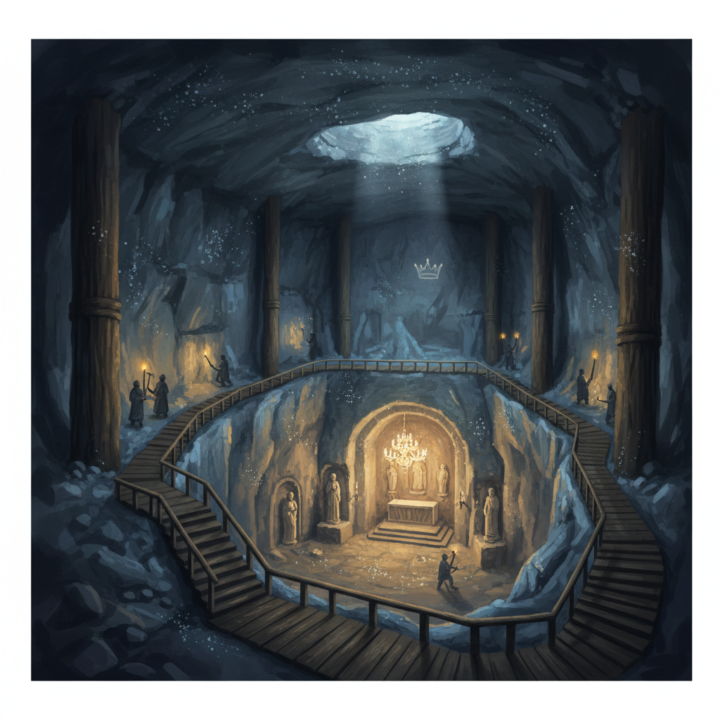 Wieliczka and Bochnia Royal Salt Mines — illustrated travel poster