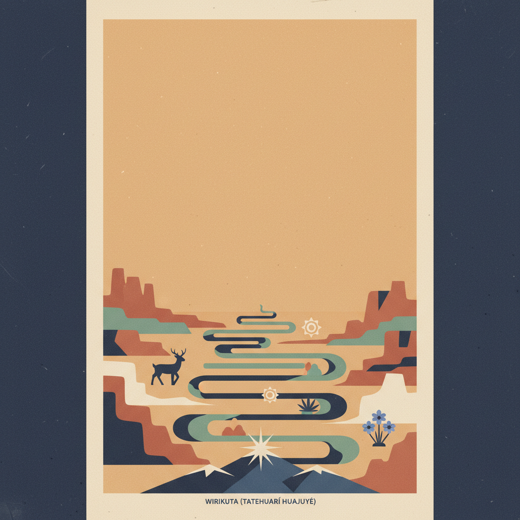 Wixárika Route through Sacred Sites to Wirikuta (Tatehuarí Huajuyé) — illustrated travel poster