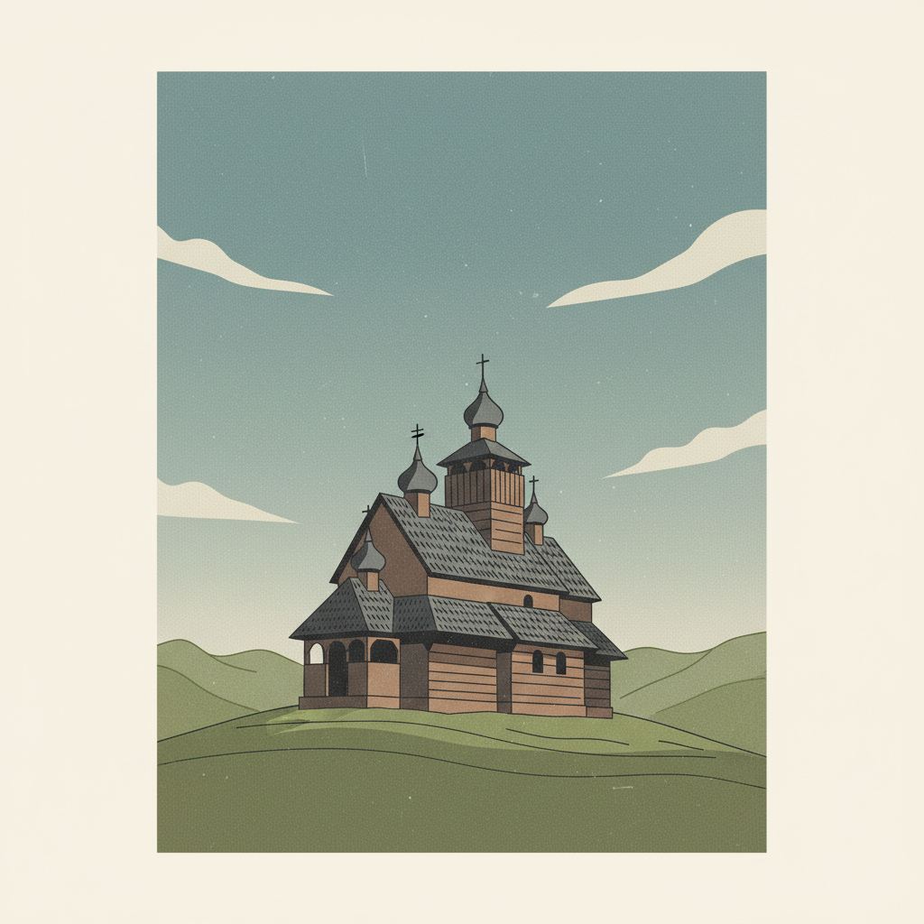 Wooden <em>Tserkvas</em> of the Carpathian Region in Poland and Ukraine — illustrated travel poster